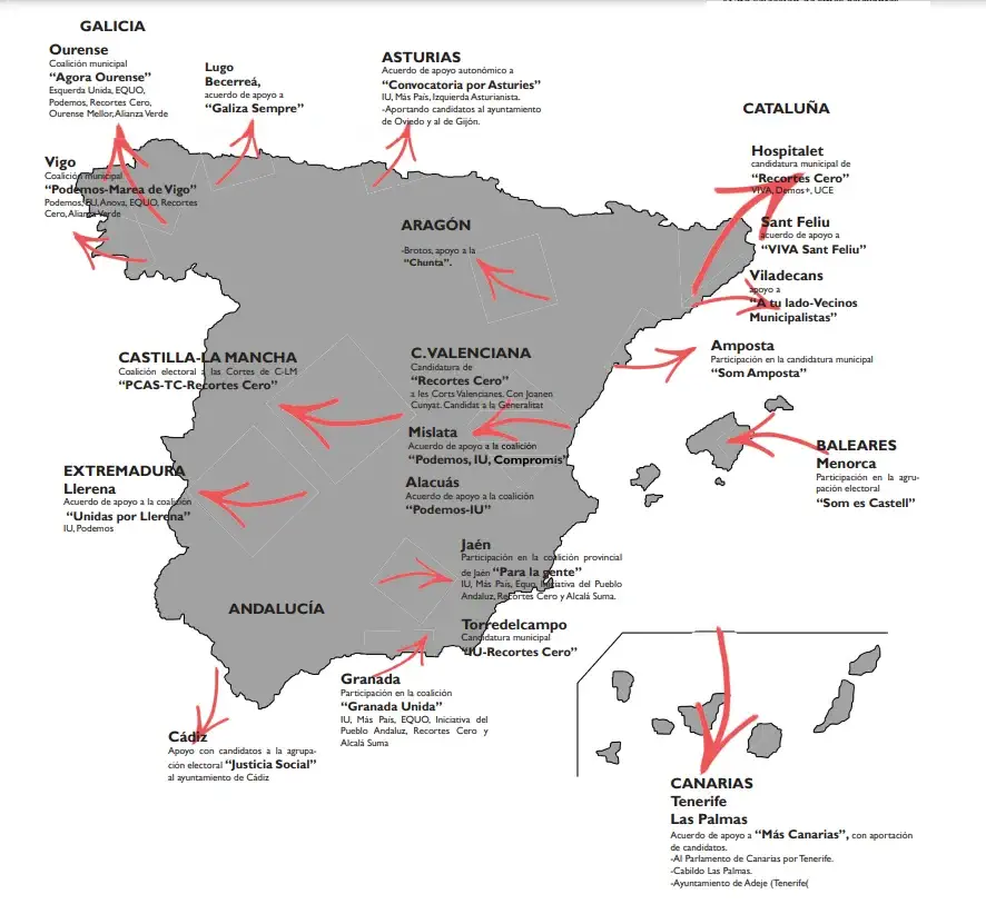Mapa de las candidaturas con las que formamos coalición o apoyamos en las elecciones autonómicas y municipales del 28M